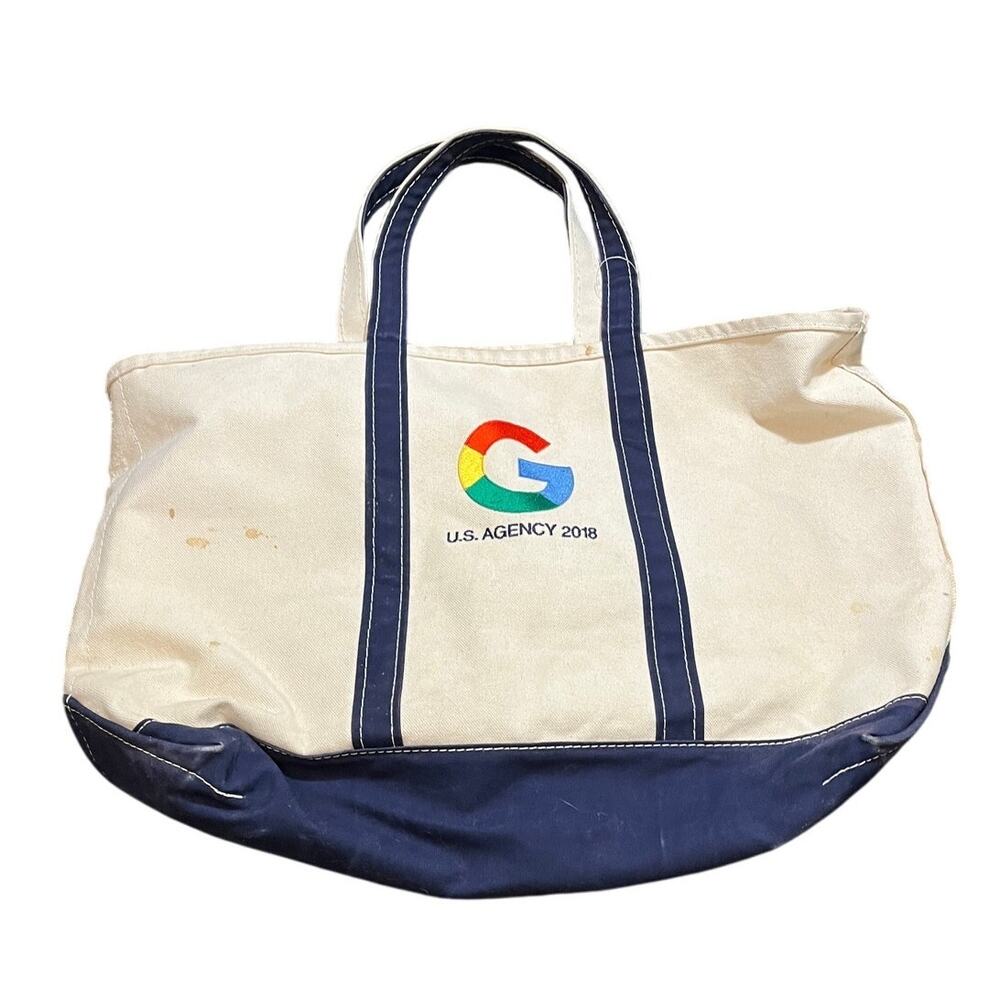 Vintage LL Bean Boat & Tote Bag Natural & Navy Trim Canvas Google‎ Large
